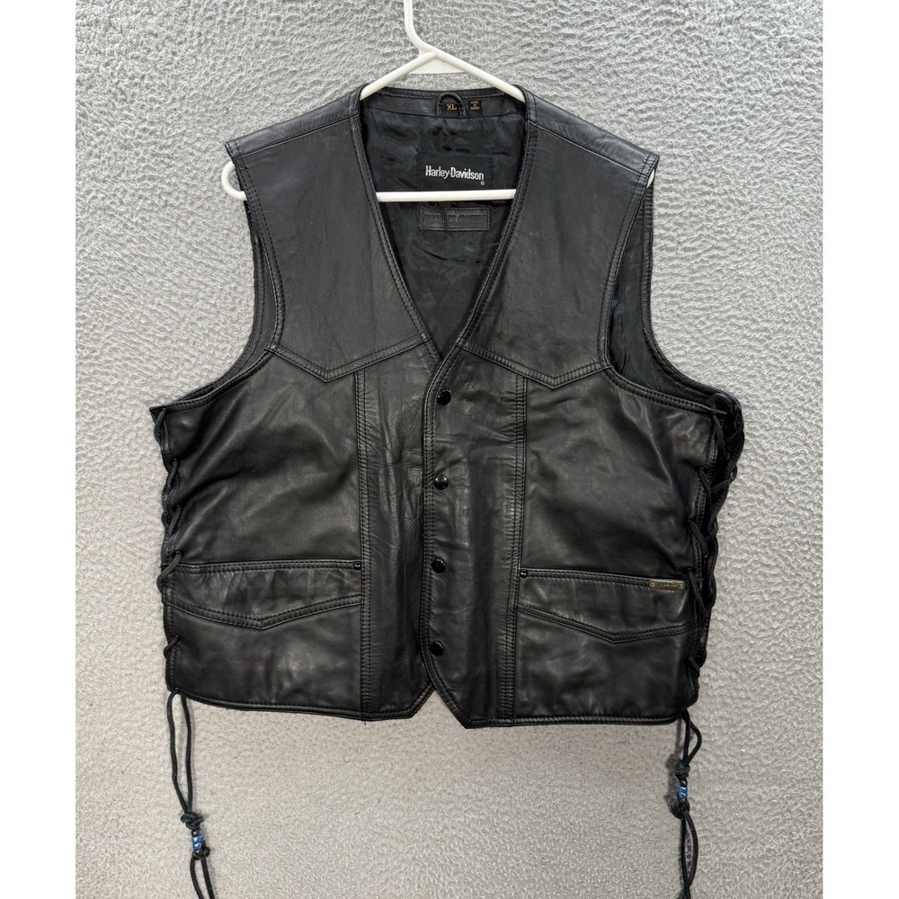 Harley Davidson Vest Adult XL Black 100% Leather‎ Biker Motorcycle Side Lace